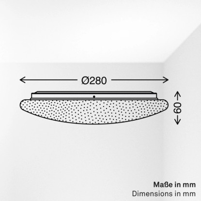 Technický výkres LED stropného svietidla Brilo s efektom hviezdnej oblohy. Rozmery: Ø 280 mm, výška 60 mm. Technický výkres LED stropného svietidla Brilo s efektom hviezdnej oblohy. Rozmery: Ø 280 mm, výška 60 mm.