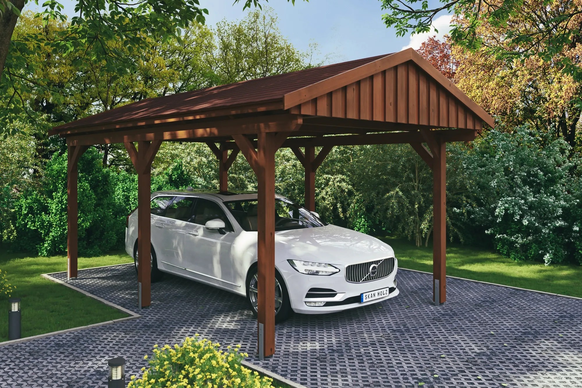 Skan Holz Prístrešok na auto Fichtelberg orech, červené šindle 317 x 566 cm Skan Holz Prístrešok na auto Fichtelberg orech, červené šindle 317 x 566 cm