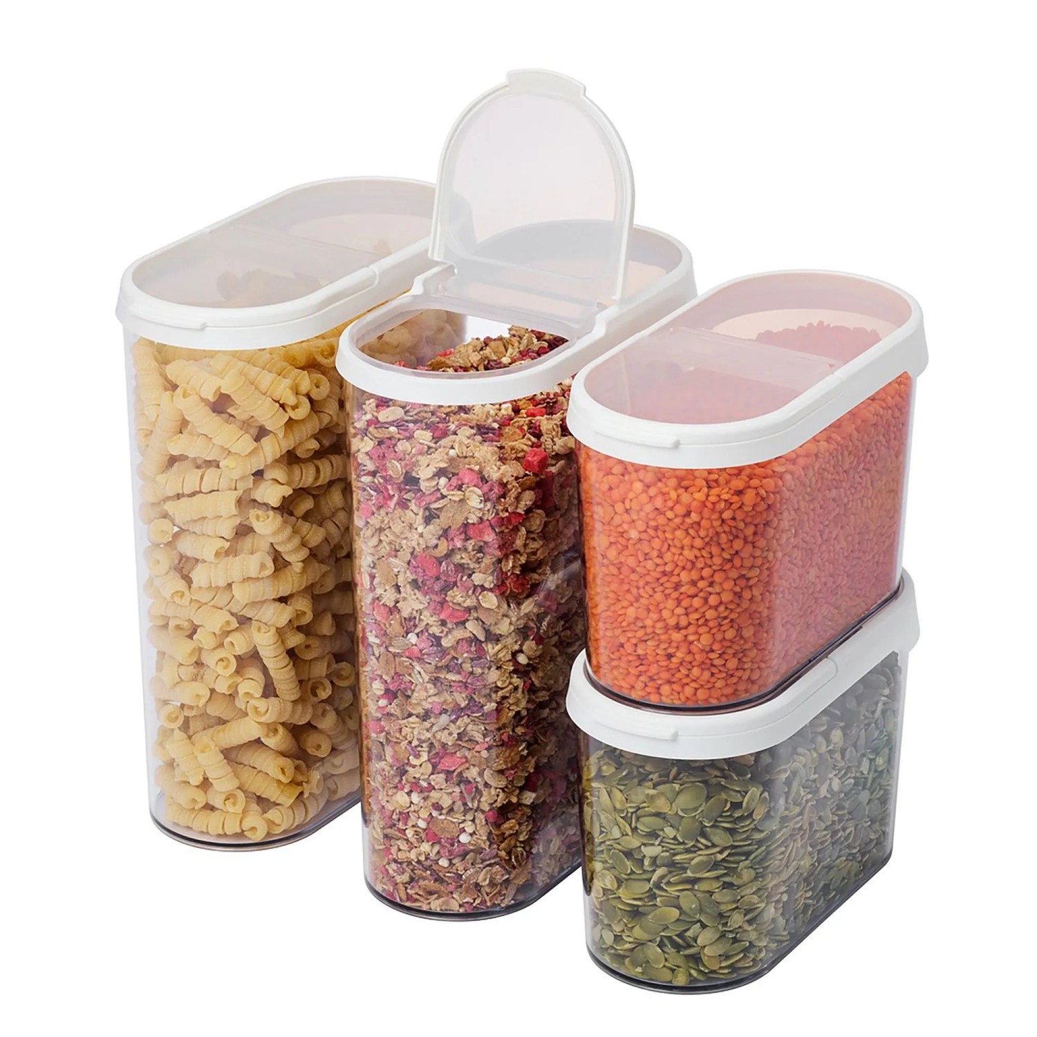 SmartStore Flip suché potravinové dózy, 1,1 l, transparentné, naplnené cestovinami, cereáliami, šošovicou a tekvicovými semienkami. SmartStore Flip suché potravinové dózy, 1,1 l, transparentné, naplnené cestovinami, cereáliami, šošovicou a tekvicovými semienkami.