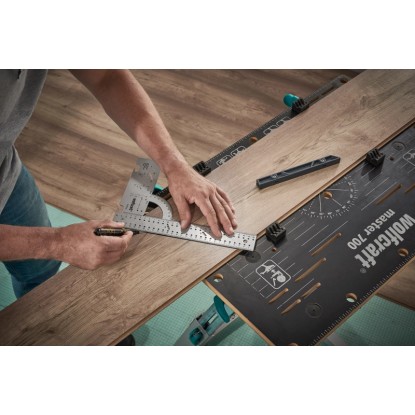 Wolfcraft sada pre montáž laminátu: Univerzálny uholník, obrysová šablóna a montér laminátu v prevádzke. Wolfcraft sada pre montáž laminátu: Univerzálny uholník, obrysová šablóna a montér laminátu v prevádzke.