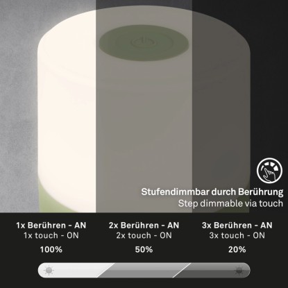 Brilo Akku-stolná lampa Smal zelená: Zobrazené úrovne stmievania dotykom. Brilo Akku-stolná lampa Smal zelená: Zobrazené úrovne stmievania dotykom.