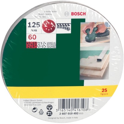 Sada brúsnych listov Bosch pre excentrické brúsky, 25 kusov, zrnitosť K60, priemer 125 mm. Sada brúsnych listov Bosch pre excentrické brúsky, 25 kusov, zrnitosť K60, priemer 125 mm.