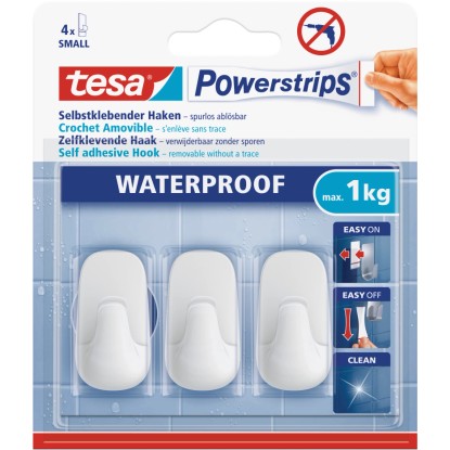 Tesa Samolepiace háčiky Waterproof, 3 ks. Vodotesné lepiace háčiky do kúpeľne a kuchyne. Tesa Samolepiace háčiky Waterproof, 3 ks. Vodotesné lepiace háčiky do kúpeľne a kuchyne.