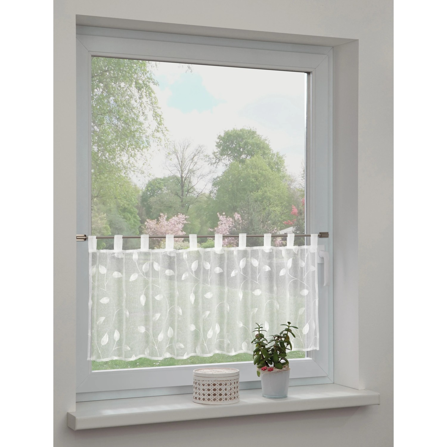 Sehlbach Vitrážová záclona s pútkami, listy, biela, 135 x 45 cm Sehlbach Vitrážová záclona s pútkami, listy, biela, 135 x 45 cm