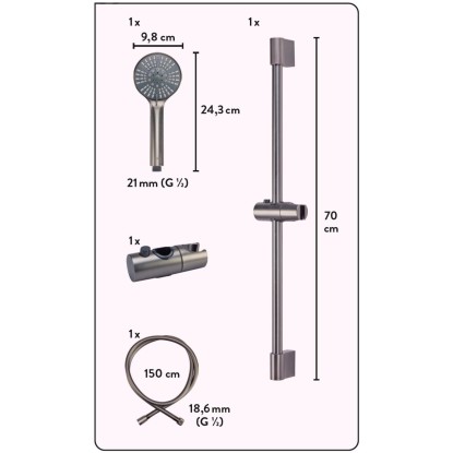 Sprchový set baliv DBS-70.180 v metalickej šedej farbe s tyčou, ručnou sprchou a hadicou. Sprchový set baliv DBS-70.180 v metalickej šedej farbe s tyčou, ručnou sprchou a hadicou.