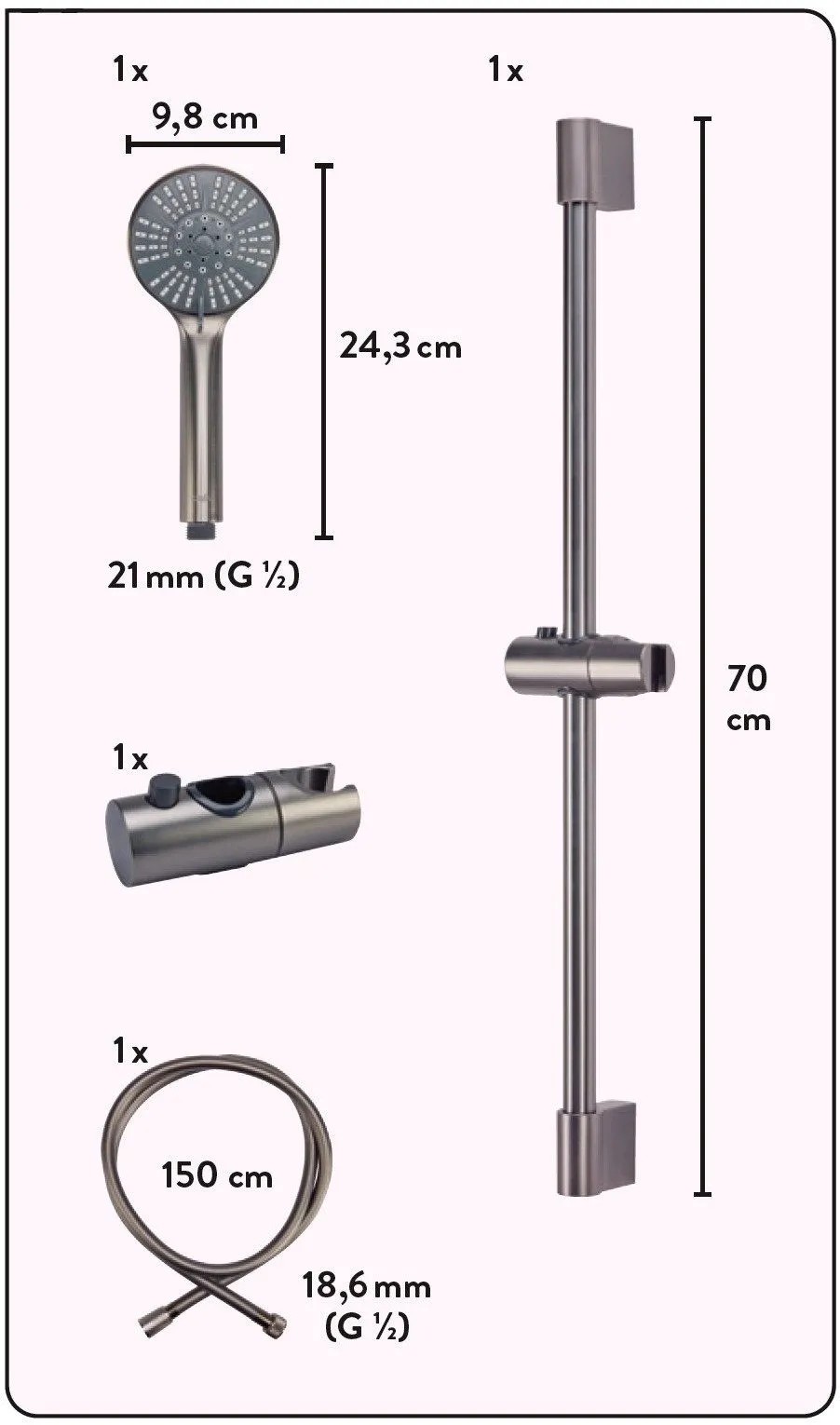 Sprchový set baliv DBS-70.180 v metalickej šedej farbe s tyčou, ručnou sprchou a hadicou. Sprchový set baliv DBS-70.180 v metalickej šedej farbe s tyčou, ručnou sprchou a hadicou.