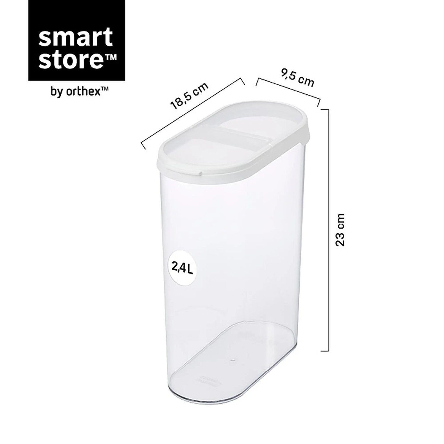 SmartStore Flip suchá potravinová nádoba, 2,4 l, transparentná, s rozmermi. SmartStore Flip suchá potravinová nádoba, 2,4 l, transparentná, s rozmermi.