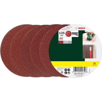 Sada brúsnych kotúčov Bosch, 25 kusov, zrnitosť K60, Ø 125 mm, pre excentrické brúsky. Sada brúsnych kotúčov Bosch, 25 kusov, zrnitosť K60, Ø 125 mm, pre excentrické brúsky.