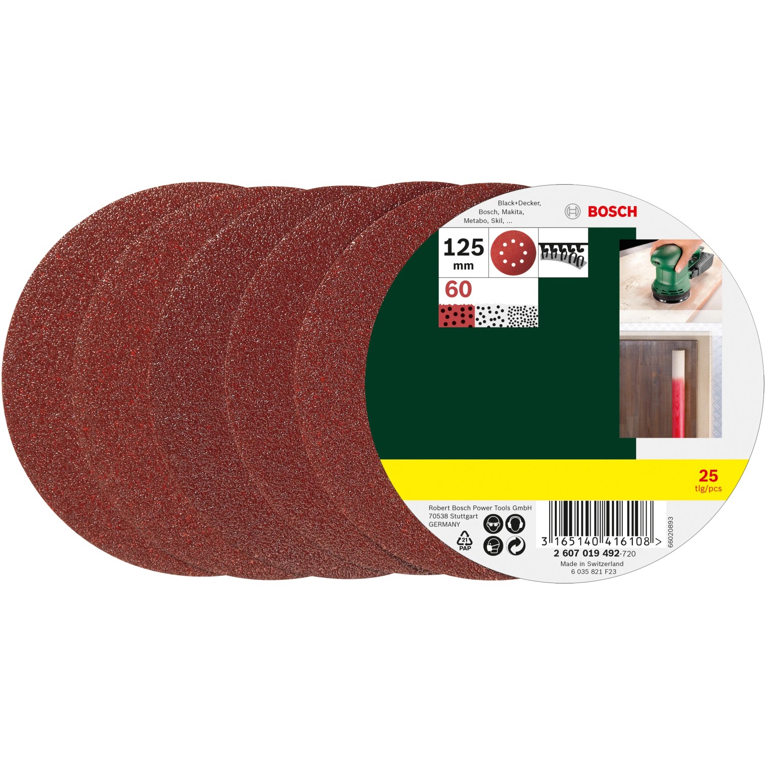 Sada brúsnych kotúčov Bosch, 25 kusov, zrnitosť K60, Ø 125 mm, pre excentrické brúsky. Sada brúsnych kotúčov Bosch, 25 kusov, zrnitosť K60, Ø 125 mm, pre excentrické brúsky.