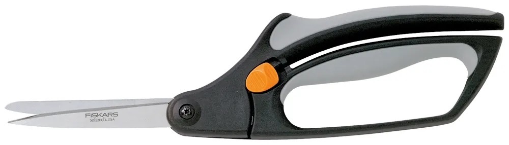 Nožnice na buxus Fiskars S50 so sivo-čiernou rukoväťou a oceľovými čepeľami. Nožnice na buxus Fiskars S50 so sivo-čiernou rukoväťou a oceľovými čepeľami.