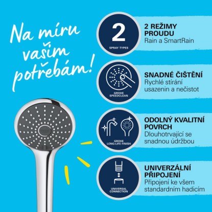Ručná sprcha Grohe QuickFix Vitalio Joy 110 Duo, chróm, s 2 prúdmi a systémom proti vodnému kameňu. Ručná sprcha Grohe QuickFix Vitalio Joy 110 Duo, chróm, s 2 prúdmi a systémom proti vodnému kameňu.