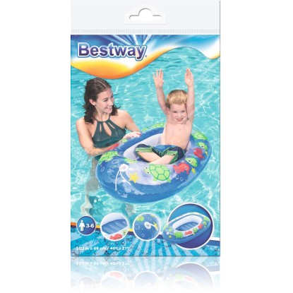 Nafukovací čln Bestway Kiddie Raft, modrý s okienkom a dieťaťom vo vode. Nafukovací čln Bestway Kiddie Raft, modrý s okienkom a dieťaťom vo vode.