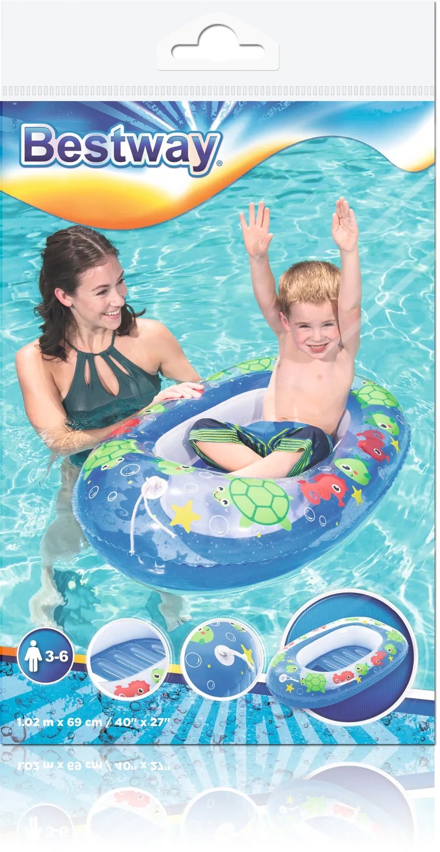 Nafukovací čln Bestway Kiddie Raft, modrý s okienkom a dieťaťom vo vode. Nafukovací čln Bestway Kiddie Raft, modrý s okienkom a dieťaťom vo vode.