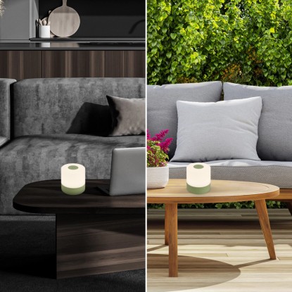 Brilo Smal Zelená akumulátorová stolná lampa na stole v interiéri a exteriéri. Brilo Smal Zelená akumulátorová stolná lampa na stole v interiéri a exteriéri.