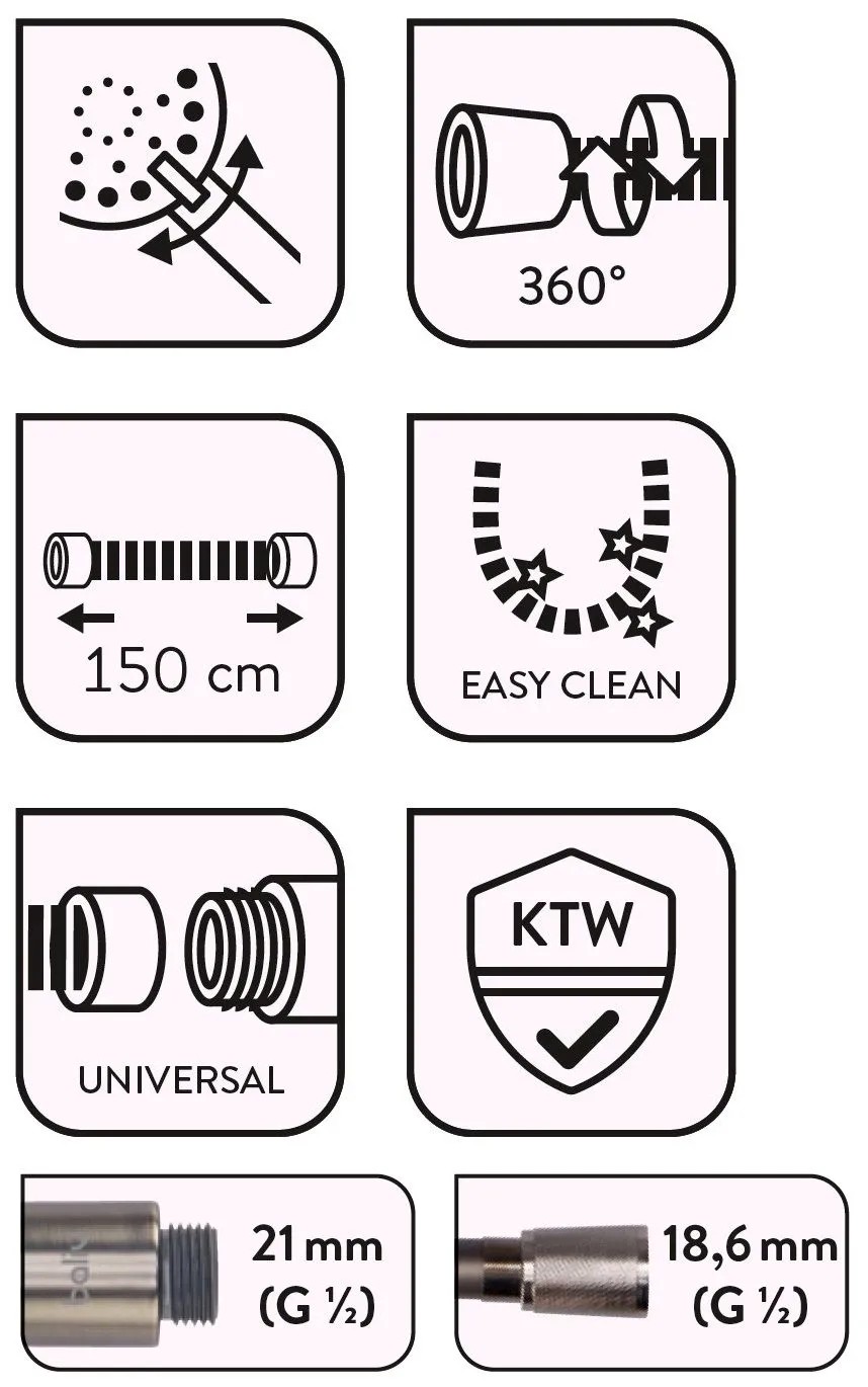 Piktogramy sprchovej hlavice baliv DBS-70.180: Funkcie ako 360°, Easy Clean, dĺžka hadice 150 cm, Universal, KTW. Piktogramy sprchovej hlavice baliv DBS-70.180: Funkcie ako 360°, Easy Clean, dĺžka hadice 150 cm, Universal, KTW.