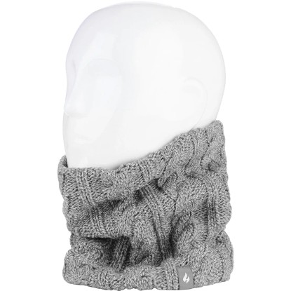 Sivý melírovaný dámsky nákrčník Heat Holders s vrkočovým vzorom. Sivý melírovaný dámsky nákrčník Heat Holders s vrkočovým vzorom.