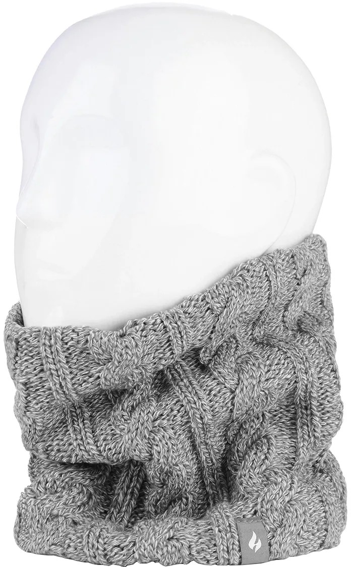 Sivý melírovaný dámsky nákrčník Heat Holders s vrkočovým vzorom. Sivý melírovaný dámsky nákrčník Heat Holders s vrkočovým vzorom.