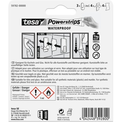 Tesa Vodoodolné lepiace háčiky, balenie 3 ks s Powerstrips pre vlhké priestory, nosnosť do 1 kg. Tesa Vodoodolné lepiace háčiky, balenie 3 ks s Powerstrips pre vlhké priestory, nosnosť do 1 kg.