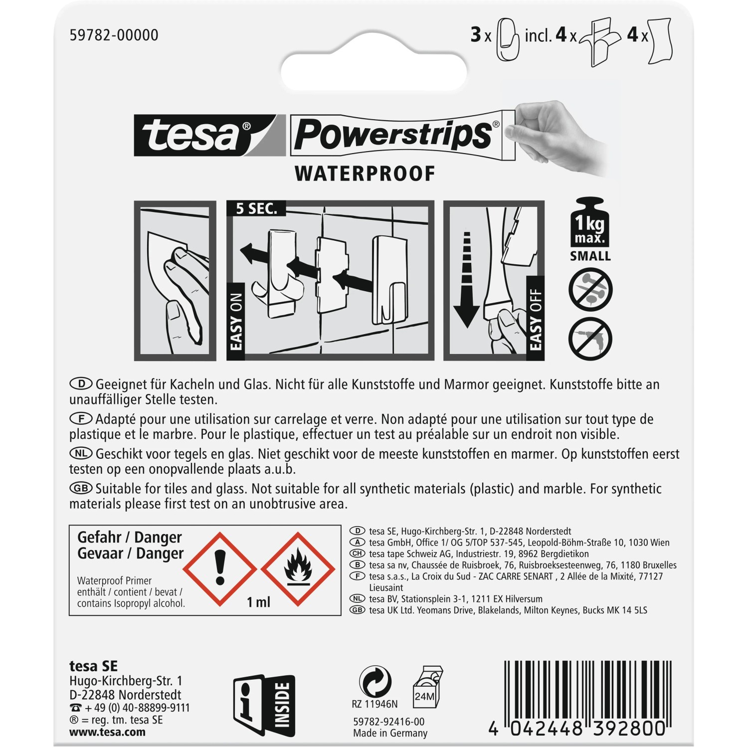 Tesa Vodoodolné lepiace háčiky, balenie 3 ks s Powerstrips pre vlhké priestory, nosnosť do 1 kg. Tesa Vodoodolné lepiace háčiky, balenie 3 ks s Powerstrips pre vlhké priestory, nosnosť do 1 kg.