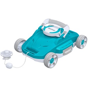 Bestway AquaTronix G200 autonómny bazénový robot, na batérie, tyrkysovo-biely so sivými kolesami a záchranným lanom.