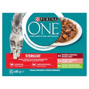Purina ONE Sterilcat kapsičky pre mačky, multipack s hovädzím, lososom a morčacím mäsom, 12x85g.