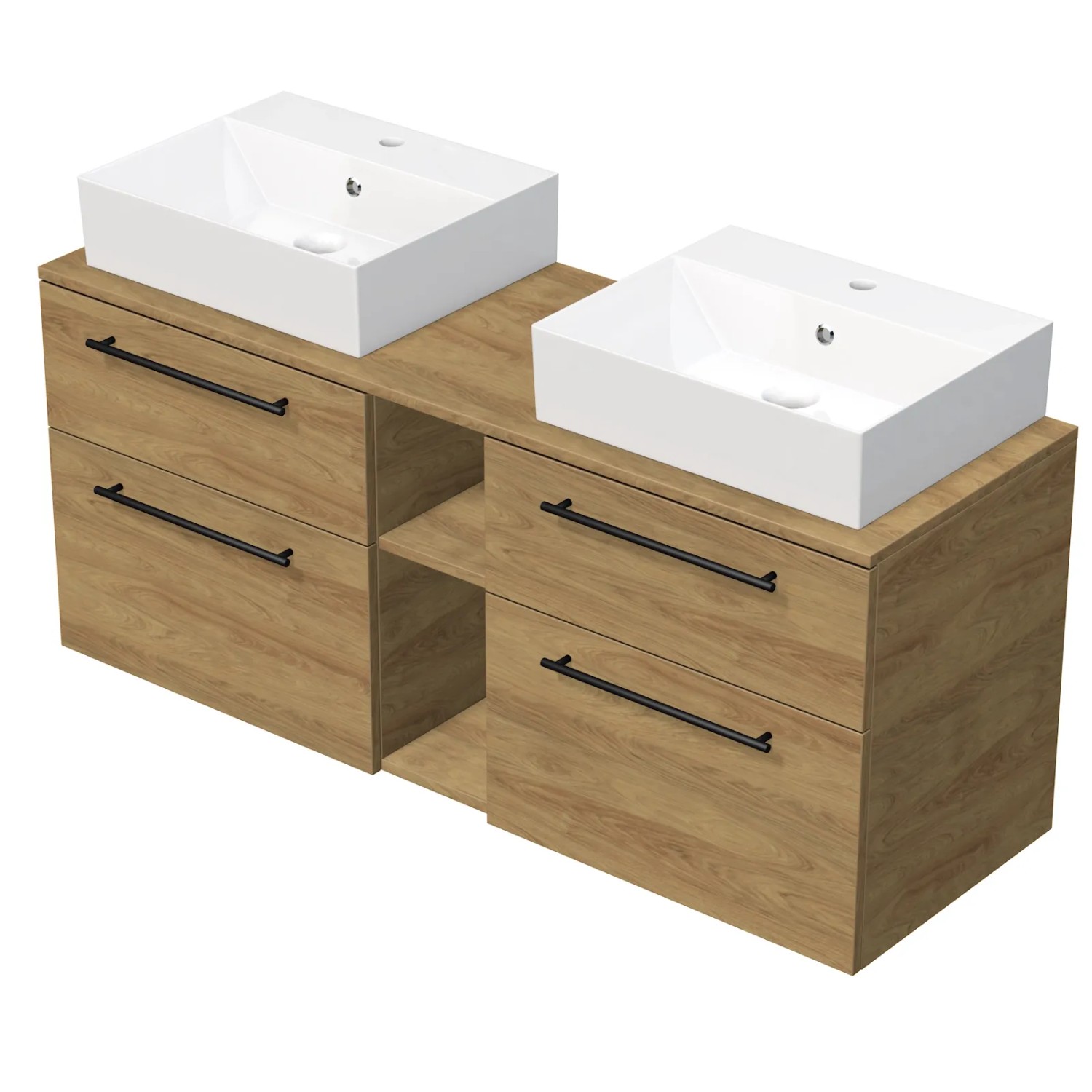 E-shop INTEDOOR Kúpeľ.skriňa+2umývadl BEE, úchyt čierny, 140cm, regál stred dub Hickory