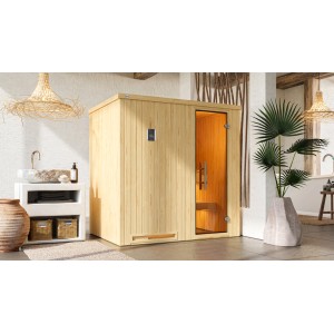 Weka Halmstad elementová sauna so sklenenými dverami, úsporná sada 4,5 kW. Drevená sauna s kachľami a digitálnym ovládaním.
