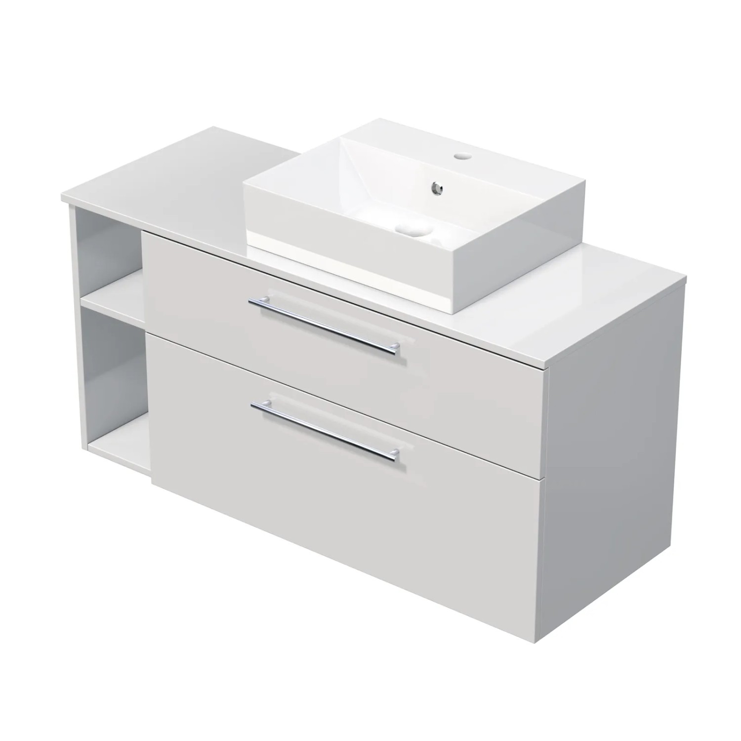 E-shop INTEDOOR Kúpeľ.skriňa+umývadlo BEE, úchyt chróm, 120cm, regál vľavo, biela lesk