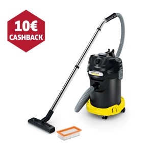 Popolový vysávač Kärcher AD 4 PREMIUM, čierno-žltý, s hadicou, trubicou, podlahovou hubicou a filtrom na krb.