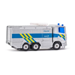 Strieborné policajné auto so žltými a modrými pruhmi pre zábavu a hry.