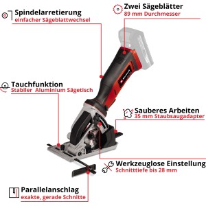 Einhell Power X-Change TE-CS 18/89 Li Solo akumulátorová mini okružná píla: Kompaktná píla s paralelným vedením a funkciou ponorného rezania.