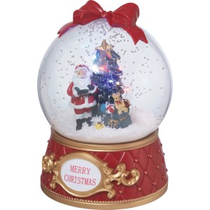 Hudobná vianočná snehová guľa s osvetleným stromčekom, Santa Clausom, darčekmi. Červená základňa s nápisom "Merry Christmas", LED svetlo.