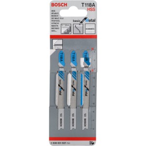 Priamočiare pílové listy Bosch Pro T 118 A, 3 kusy, pre kovy do hrúbky 3 mm.