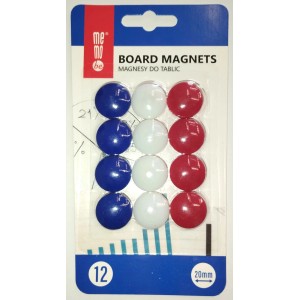Sada 12 magnetov na tabuľu, červené, modré a biele, priemer 20 mm.