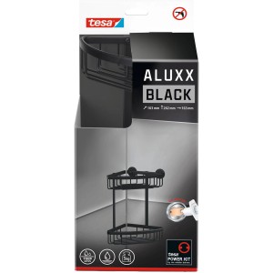 Tesa Aluxx rohový sprchový kôš, dvojposchodový, matná čierna, na montáž na stenu bez vŕtania.