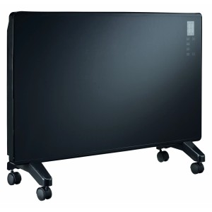Čierny sklenený panelový ohrievač OBI 2 kW s kolieskami a LED displejom. Elektrický ohrievač s diaľkovým ovládaním.