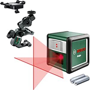 Krížový laser Bosch Quigo s univerzálnou svorkou MM 2, premieta červené laserové lúče.