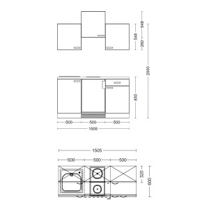 Nákres kuchynského kúta Flex-Well Lund, 150 cm, vo svetlosivej a dymovo sivej farbe s rozmermi.