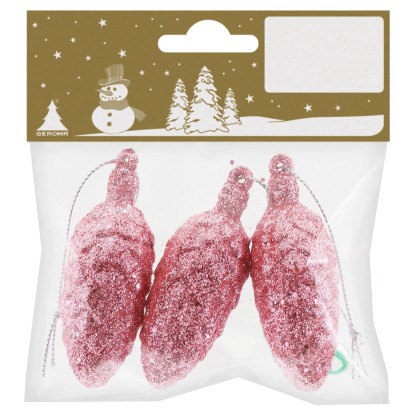 Závesná vianočná dekorácia jedľovej šišky z plastu, ružová, 3 ks