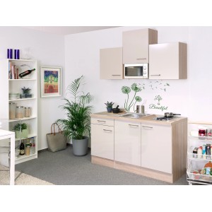Flex-Well Single kuchyňa Orlando, 150 cm, kašmírový lesk/dub Sonoma, s varnou doskou, drezom a mikrovlnnou rúrou.