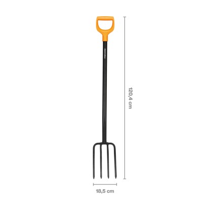Čierne rýľovacie vidly s oranžovou rukoväťou, dĺžka 120,4 cm. Ideálne pre záhradníctvo.
