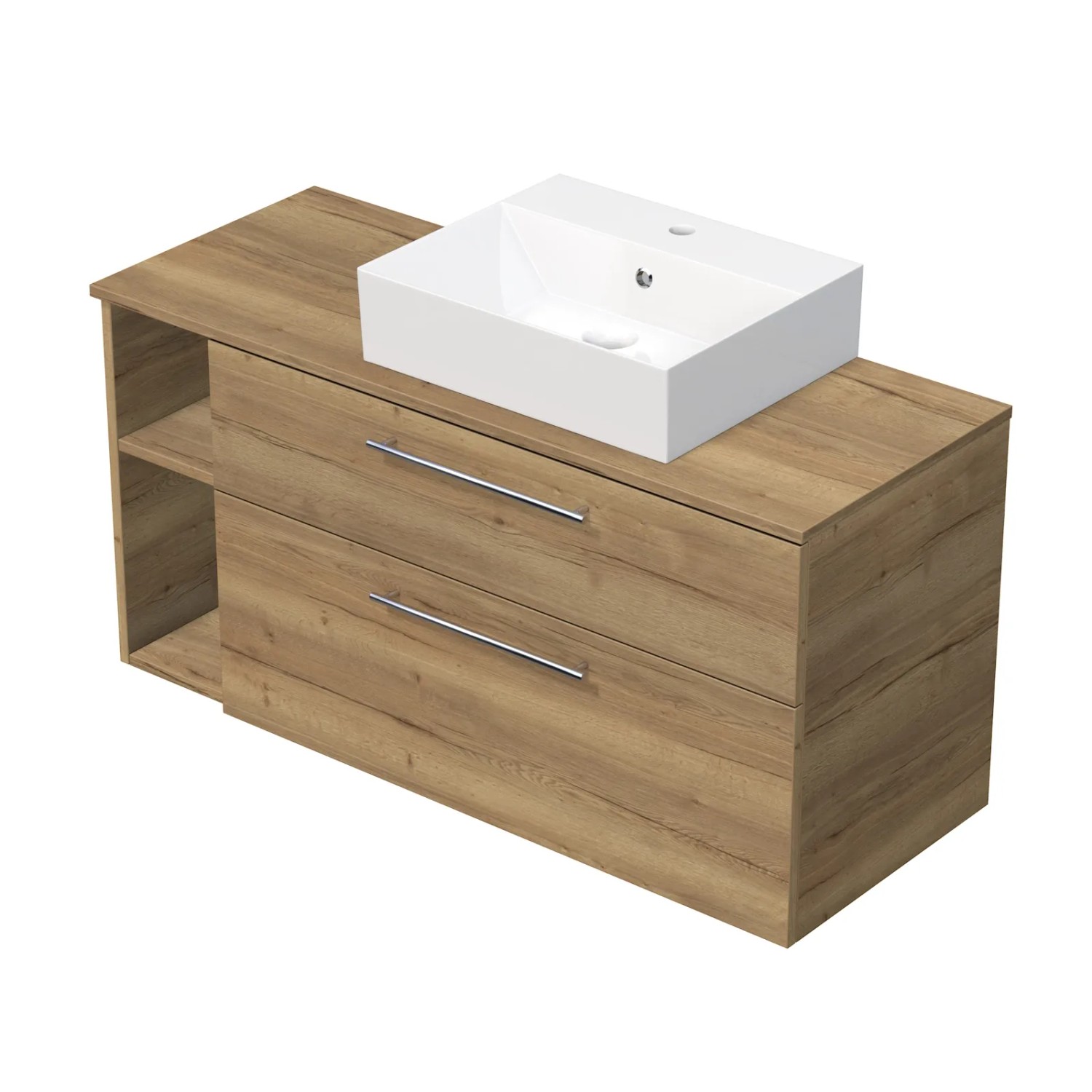 E-shop INTEDOOR Kúpeľ.skriňa+umývadlo BEE, úchyt chróm, 120cm, regál vľavo, dub Halifax