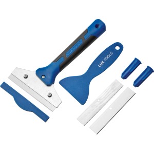 LUX-TOOLS 6-dielna súprava škrabiek na škáry: modrá škrabka, špachtľa, 2 náhradné čepele, 2 uzávery pre dlaždice.