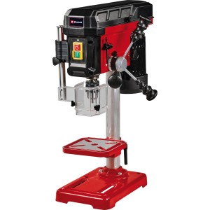 Stĺpová vŕtačka Einhell TC-BD 450 v červeno-čiernej farbe so stolom a krytom proti trieskam.