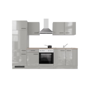 Kuchynská linka Flex-Well Lund, 270 cm, svetlosivá lesklá/dymovo sivá, so spotrebičmi a drezom.