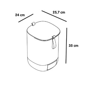 Nákres kompostéra s rozmermi (výška 35cm, šírka 24cm, hĺbka 25.7cm).