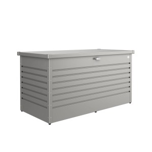 Kremenná sivá metalická Biohort FreizeitBox 160 High. Robustný oceľový záhradný box s rebrovaným dizajnom a zámkom.