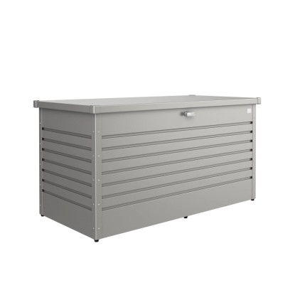 Kremenná sivá metalická Biohort FreizeitBox 160 High. Robustný oceľový záhradný box s rebrovaným dizajnom a zámkom.