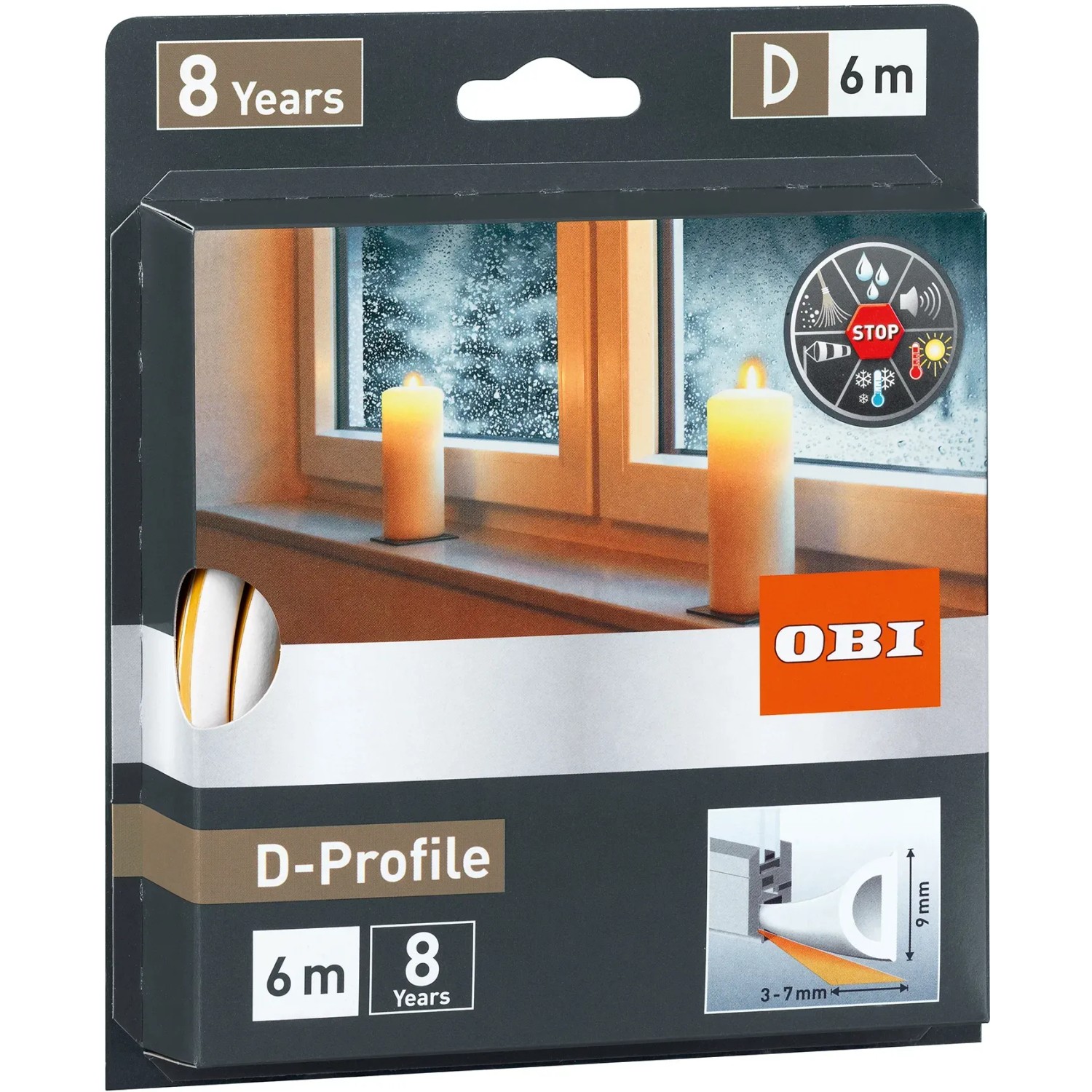 E-shop OBI Gumové tesnenie okien a dverí D-profil, biela, 6 m x 9 mm x 8 mm