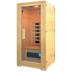 Svetlá drevená infrasauna t.b.t. so sklenenými dverami.